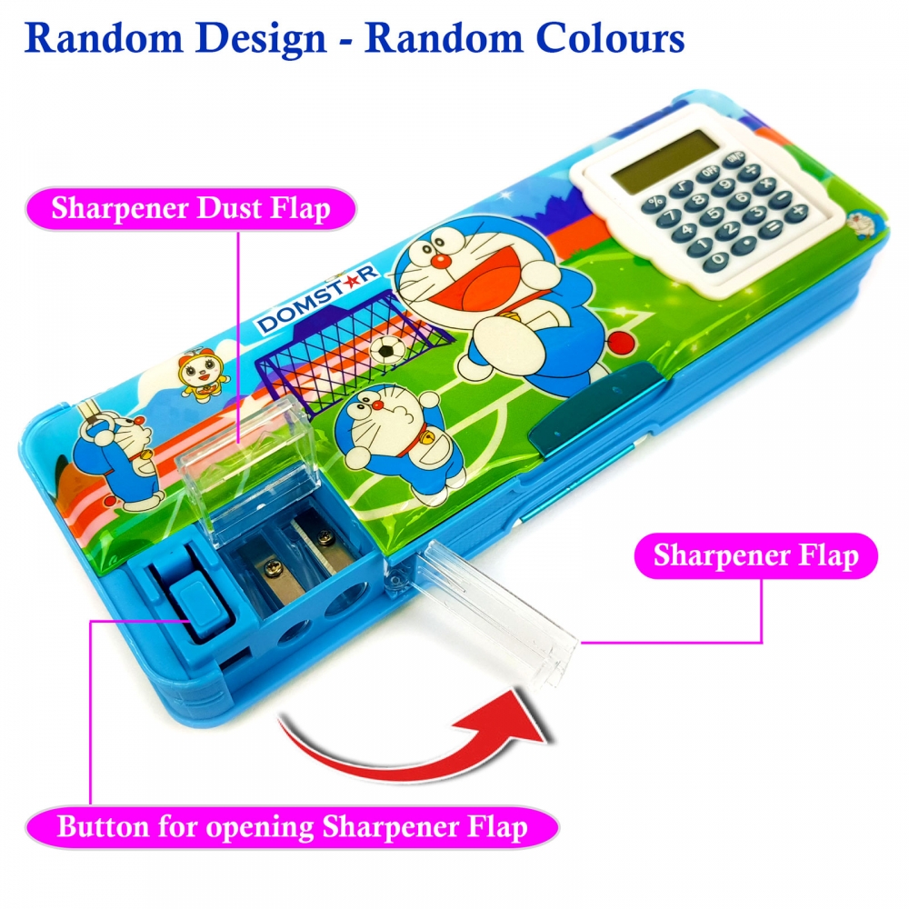 Buy DOMSTAR Cartoon Magnetic Pencil Box with Built-in Calculator - COMBO  set of Moti Pencil, Key Chain, Geometry Scale, Fruit Eraser and Smiley  Sticker online @  - School & Office Supplies