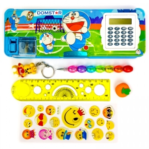 DOMSTAR Cartoon Magnetic Pencil Box with Built-in Calculator - COMBO set of Moti Pencil, Key Chain, Geometry Scale, Fruit Eraser and Smiley Sticker