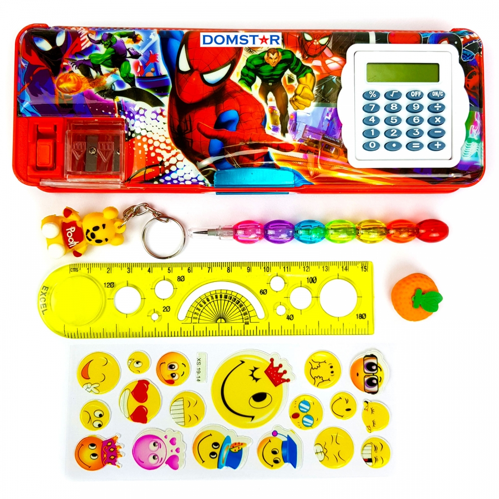 DOMSTAR Super Hero Magnetic Pencil Box with Built-in Calculator - COMBO set of Moti Pencil, Key Chain, Geometry Scale, Fruit Eraser and Smiley Sticker