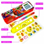 DOMSTAR Super Hero Magnetic Pencil Box with Built-in Calculator - COMBO set of Moti Pencil, Key Chain, Geometry Scale, Fruit Eraser and Smiley Sticker