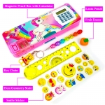 DOMSTAR Unicorn Magnetic Pencil Box with Built-in Calculator - COMBO set of Moti Pencil, Key Chain, Geometry Scale, Fruit Eraser and Smiley Sticker