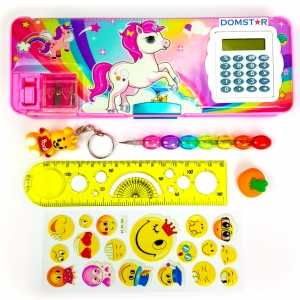 DOMSTAR Unicorn Magnetic Pencil Box with Built-in Calculator - COMBO set of Moti Pencil, Key Chain, Geometry Scale, Fruit Eraser and Smiley Sticker