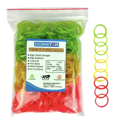 DOMSTAR Premium Fluorescent Nylon Rubber Bands with Zipper Pouch(1inch,100gm,750pcs) - Elastic Bands for Office, School and Home