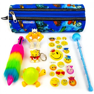 DOMSTAR Round Pouch Combo set of 6in1 Fur Pen, Stacking Pencil, Robot Eraser, Key Chain, Tortoise Sharpener and Smiley Sticker