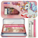 DOMSTAR Unicorn Metal Pencil Box with Dual Compartment - D0002 | Combo set of Unicorn Gel Pen, Lantu Pencil, Key Chain, Unicorn Sticker