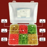 DOMSTAR Premium Fluorescent Nylon Rubber Bands - 6 sizes in 6 compartment Plastic Box - Elastic Bands for Office and Home