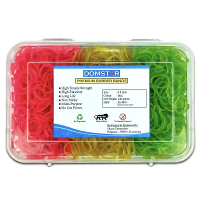 DOMSTAR Premium Fluorescent Nylon Rubber Bands in Transparent Plastic Box (0.5inch, 120gm, 1680pcs) for Office and Home
