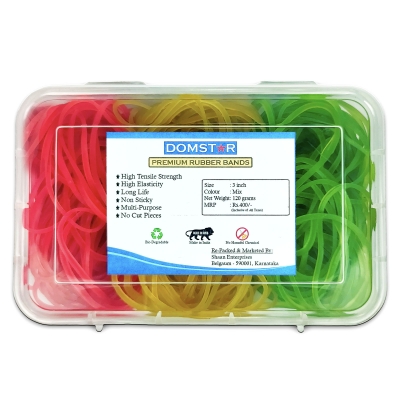 DOMSTAR Premium Fluorescent Nylon Rubber Bands in Transparent Plastic Box (3inch, 120gm, 220pcs) for Office and Home