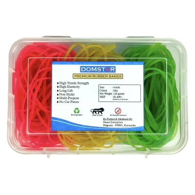 DOMSTAR Premium Fluorescent Nylon Rubber Bands in Transparent Plastic Box (4inch, 120gm, 180pcs) for Office and Home