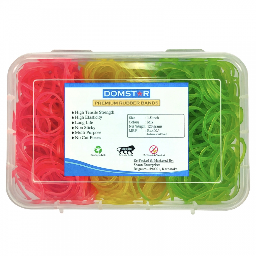 DOMSTAR Premium Fluorescent Nylon Rubber Bands in Transparent Plastic Box (1.5inch, 120gm, 720pcs) for Office and Home