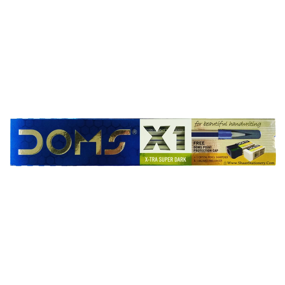Pack of 10 New 1 Cap DOMS X1 X-Tra Super Dark Pencils Free Eraser & Sharpener 