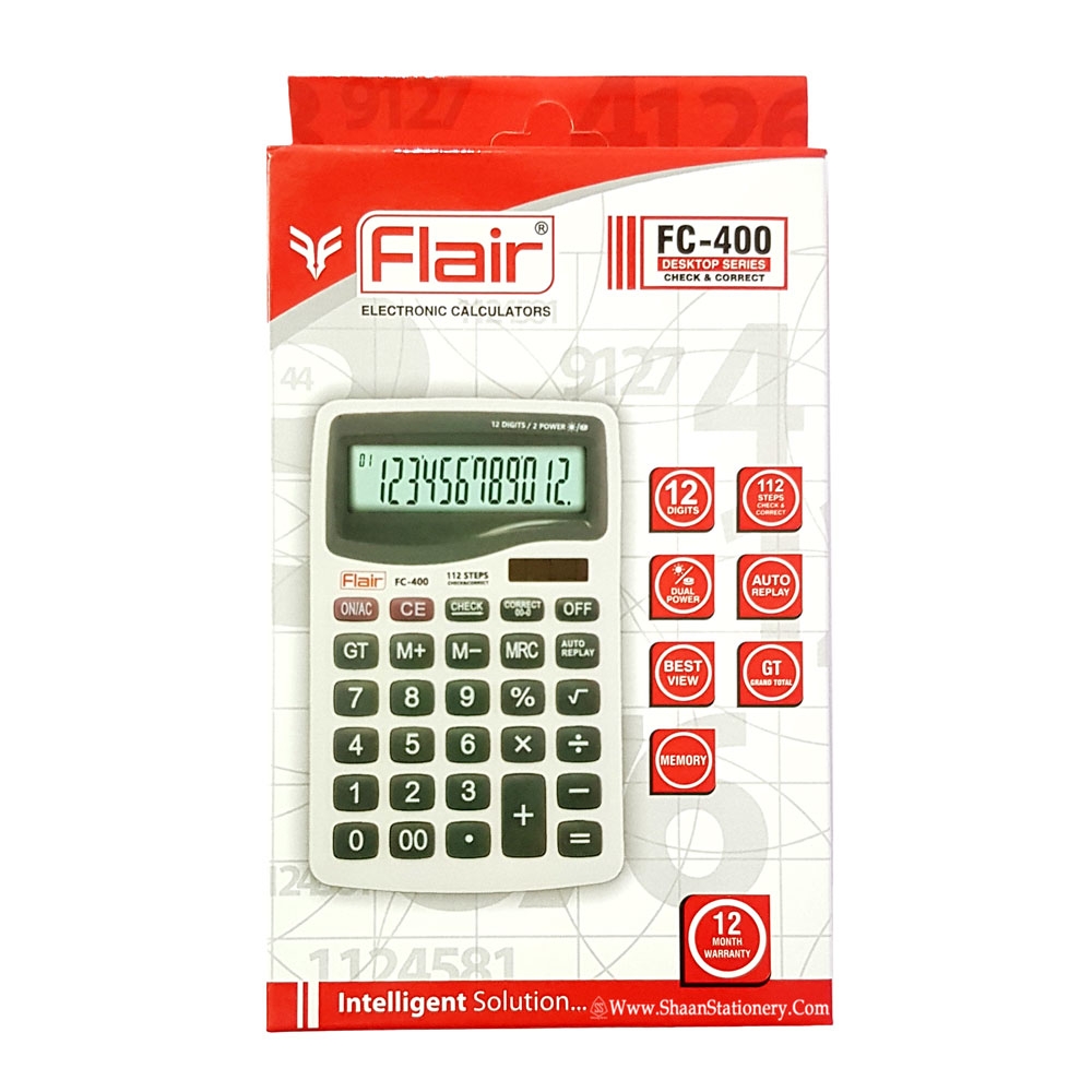 Flair Desktop Calculator FC-400 | Dual Power - Battery + Solar