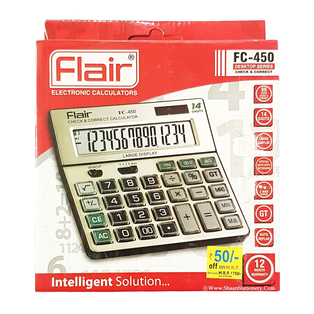 Flair Desktop Large Display Calculator FC-450 | Dual Power - Battery + Solar