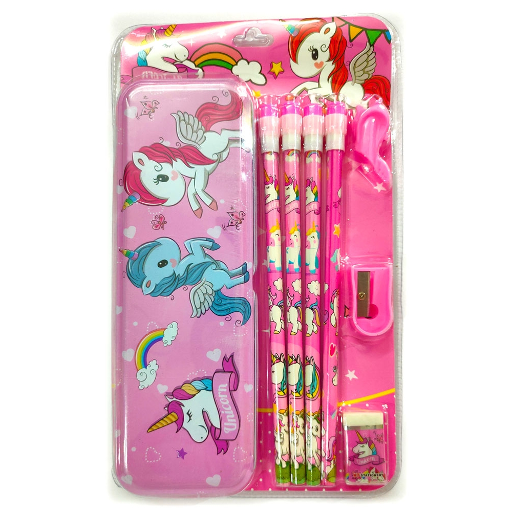 Unicorn Metal Pencil Box with Pencil Eraser, Sharpener and Pencil Grip | Gift Pack